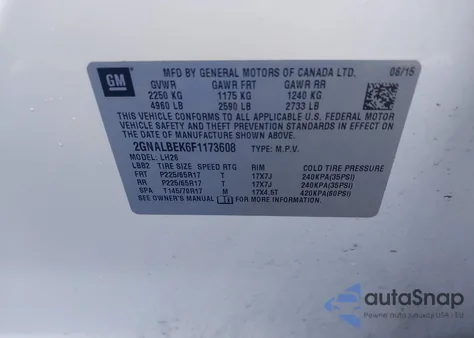 2015 Chevrolet Equinox 1Lt z USA, uszkodzony, nr VIN 2GNALBEK6F1173608